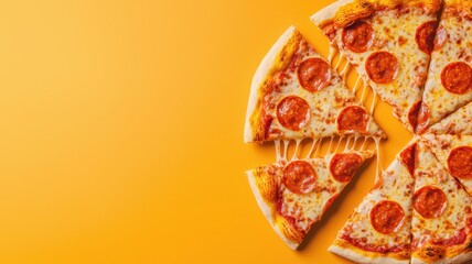 Whimsical floating slices of pepperoni pizza with cheese dripping, perfect for your customizable text needs!