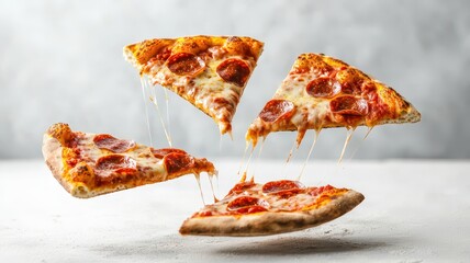 Whimsical floating slices of pepperoni pizza with cheese dripping, perfect for your customizable text needs!