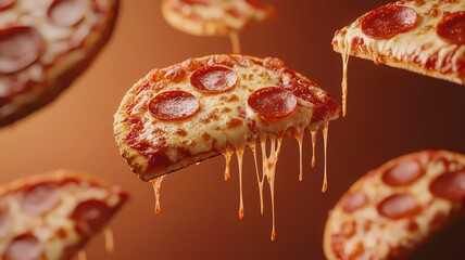 Whimsical floating slices of pepperoni pizza with cheese dripping, perfect for your customizable text needs!
