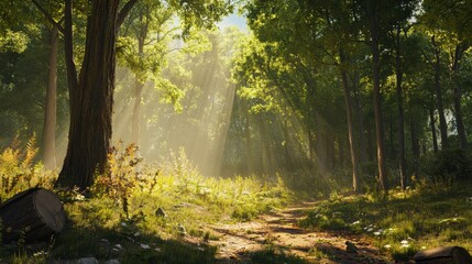 Obraz premium A serene forest scene with sunlight filtering through trees, creating a peaceful atmosphere.