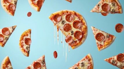 Whimsical floating slices of pepperoni pizza with cheese dripping, perfect for your customizable text needs!