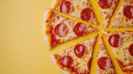 Whimsical floating slices of pepperoni pizza with cheese dripping, perfect for your customizable text needs!