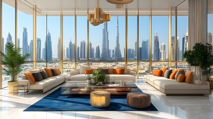 Fototapeta premium luxury architecture house in Dubai, 3d interior of contemporary art deco living dining room, modern expensive designer furniture, big glass windows, city skyline skyscraper, landmark tower background