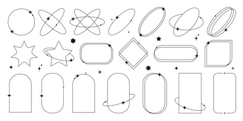 Modern minimalist  line elements, trendy linear frames with stars, arch frames, geometric shapes. Arched frames for poster design, decorative vector set in boho style. 
