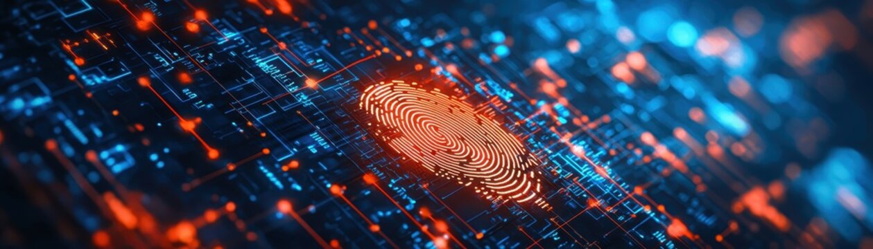 Close-up of a digital fingerprint on a glowing circuit board, representing cybersecurity, data protection, and biometric technology.