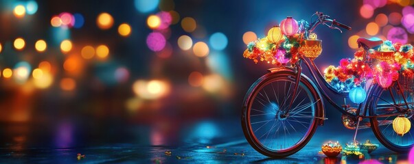 Fototapeta premium Colorful bicycle decorated with glowing lights against a vibrant, bokeh-filled night background, creating a festive and whimsical atmosphere.
