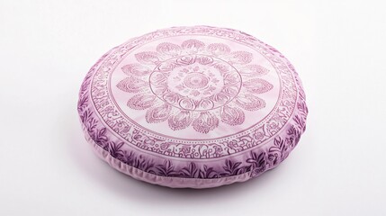 A round boho cushion with a mandala pattern, isolated on a pale lavender background with soft floral designs
