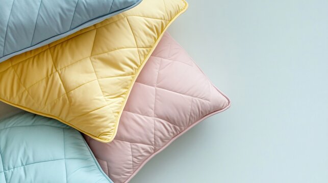A quilted cushion with soft pastel hues, isolated against a light gray background with abstract decorative lines