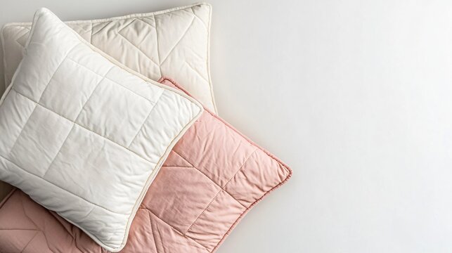 A quilted cushion with soft pastel hues, isolated against a light gray background with abstract decorative lines