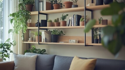 A Modern Living Room with a Plant-Filled Shelf and a Comfortable Couch