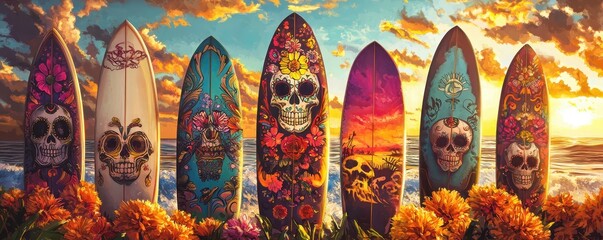 Fototapeta premium Colorful surfboards with artistic skull designs lined up against a stunning ocean sunset, capturing the essence of beach life and creativity.