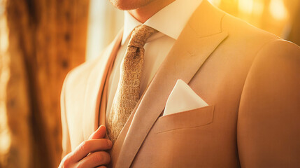 A close-up of a man adjusting his beige suit jacket in warm, golden light. The image conveys elegance, style, and sophistication, with attention to the fine details of his attire, including the pocket