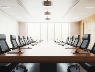 Obraz premium A sleek and modern conference room with long table surrounded by chairs and microphones, in soft lighting.