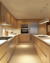 Modern Minimalist Wooden Kitchen with Stainless Steel Appliances, Sleek Island Countertop, and Warm Lighting, Ideal for Interior Design Inspiration, Home Renovation, and Real Estate Listings