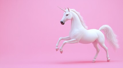 Naklejka premium Elegant white unicorn on a pink background standing majestically, symbolizing fantasy, magic, and dreams. Perfect for whimsical imagery.