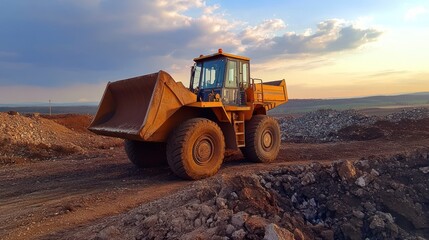 Yellow Excavator with Raised Bucket in a Quarry