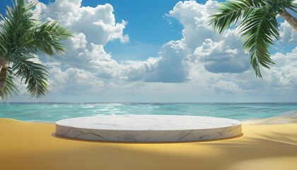 Fototapeta premium Marble podium on sunny beach, ocean view, perfect summer promotional backdrop
