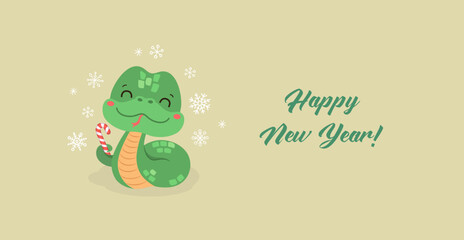 Cute new year 2025 banner with cartoon snake symbol. Vector illustration. Playful design featuring kawaii green snake holding candy cane. Copy space, happy Chinese new year greeting card.