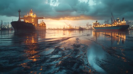 Naklejka premium Cargo Ships at Sunset with Reflections in the Water