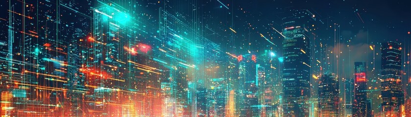 Obraz premium Futuristic city skyline with colorful neon lights and digital effects, depicting a vibrant and technologically advanced urban landscape.
