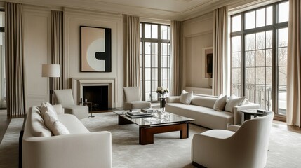 Modern Living Room with Large Windows, White Couches, and Abstract Art