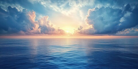 Obraz premium Stunning sunset over calm ocean with fluffy clouds.