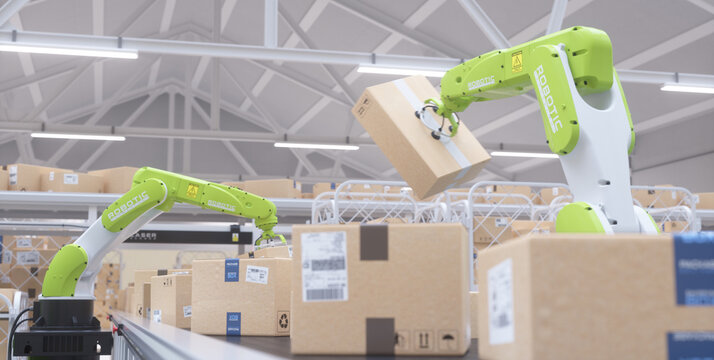 Boxes on conveyor belt with robotic arms selecting lost items. Realistic 3d render.