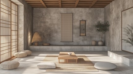 Serene Zen-Inspired Interior with Minimalist Decor, Tatami Mat, and Natural Light, Ideal for Meditation Spaces, Japanese-Inspired Design, and Tranquil Living Areas