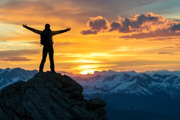 Fototapeta premium Hiker with arms outstretched on mountain peak at sunset overlooking snow-covered mountains.