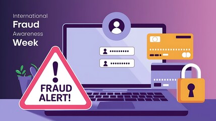 International Fraud Awareness Week cybersecurity alert with laptop and credit cards