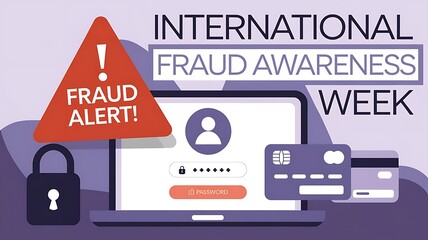 International Fraud Awareness Week cybersecurity alert with laptop and credit cards