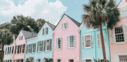 Naklejka premium Charming colorful homes line a scenic tree-lined street, creating a picturesque and inviting atmosphere.