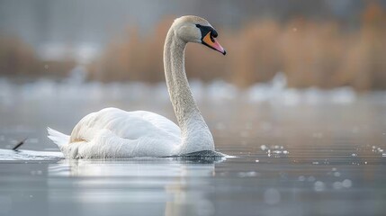 Obraz premium A serene swan gliding gracefully across a calm, misty lake.
