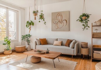 Fototapeta premium A minimalist living room with natural decor, featuring plants and neutral tones in a bright, airy setting.