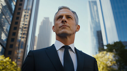 Fototapeta premium Middle-Aged Businessman Looking Ahead in Financial District