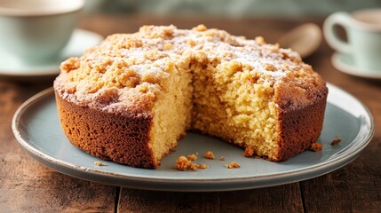 A fresh rhubarb butter cake with a crumbly topping, artfully presented to evoke deliciousness and home baking