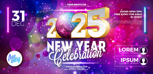 Happy New Year 2025 Party Banner Template Illustration with Shiny Disco Ball and 3d Typography Lettering on Colorful Background. Vector New Year Eve Holiday Celebration Design. Premium Invitation