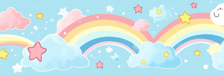 Pastel Dreamscape, a whimsical flat illustration featuring vibrant rainbows, fluffy clouds, and twinkling stars in soft hues.
