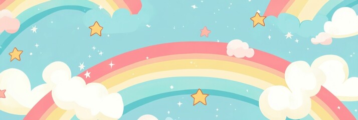 Fototapeta premium Pastel Dreamscape, a whimsical flat illustration featuring vibrant rainbows, fluffy clouds, and twinkling stars in soft hues