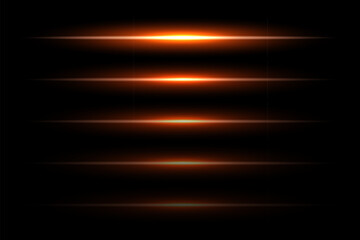 Neon light laser orange lines with flash effect. Abstract night electric beams, fluorescent led light rays. Modern futuristic vector collection isolated on black background.