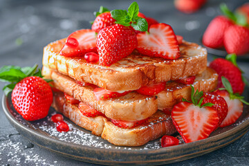 Delicious french toast with strawberries being drizzled with maple syrup for national french toast day