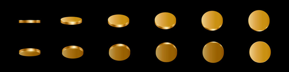 3d golden coins animation. Golden metal money rotation in different positions. Flip coins vector set isolated on black. Payments, investment, banking, finance, casino, game icon.