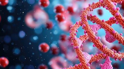 Vibrant DNA strand with colorful particles on a futuristic background.