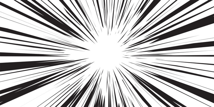 Manga background. Comic anime black lines on white. Fast speed lines movement effect frame. Superhero action. Horizontal vector illustration.