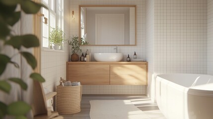 Bright Minimalist Bathroom with Wooden Vanity, Natural Light, and White Tile Design, Ideal for Modern Home Interiors, Relaxing Spaces, and Spa-Inspired Decor