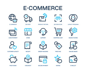 E-commerce icons, such as delivery, online shopping, store, credit card and more. Vector illustration isolated on white.