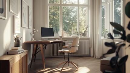 Bright Home Office with Large Windows, Wooden Desk, and Comfortable Seating, Ideal for Remote Work, Modern Interior Design, and Cozy Study Spaces