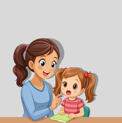 A mom teaches her daughter to speak words , vector illustration design. 