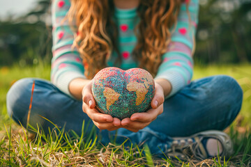 Girl holding heart shaped earth globe world kindness day