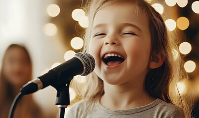 Excited Young Girl Sings Passionately Into Microphone with Enthusiasm and Joy
